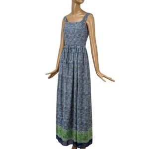 Miss Elliette 70s Vtg Floral Maxi Dress Blue Green Cotton Square Neck Sleeveless